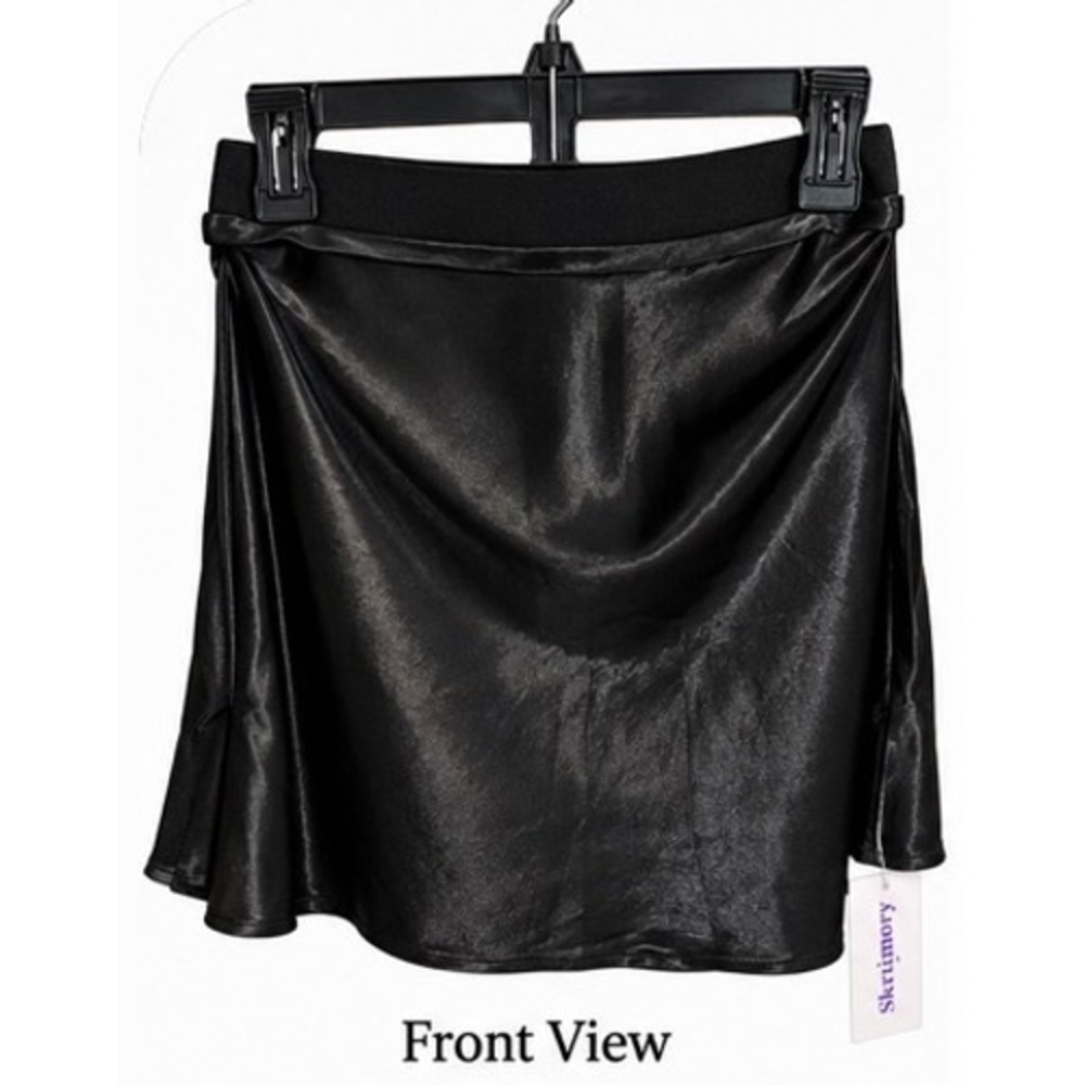 Skrtimory Black Satin Mini Skirt Y2K Style Elastic Waist Small